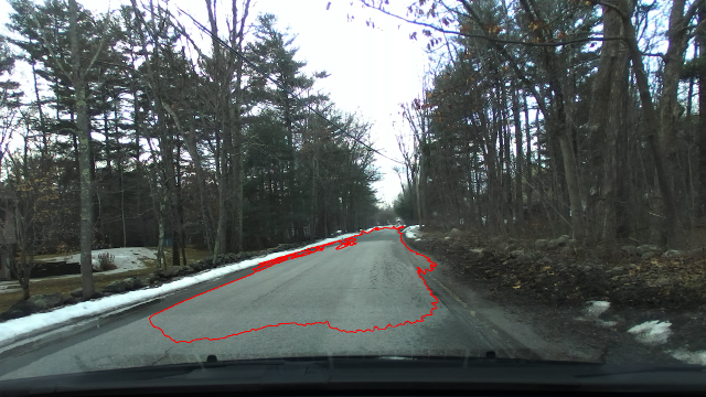 An area beginning about 2 meters in front of the vehicle extending the whole width of the road in most areas along its length of approximately 30m with some areas extending beyond the width of the road and others not extending the full width of the road.